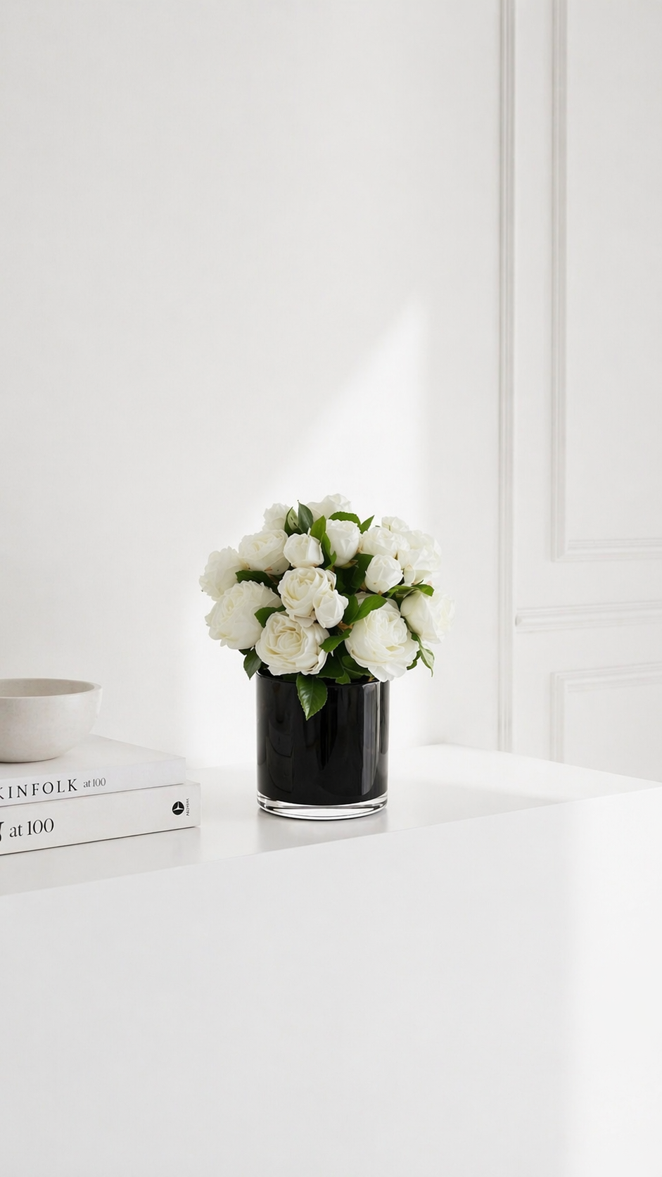 REAL TOUCH ROSES IN BLACK GLASS VASE