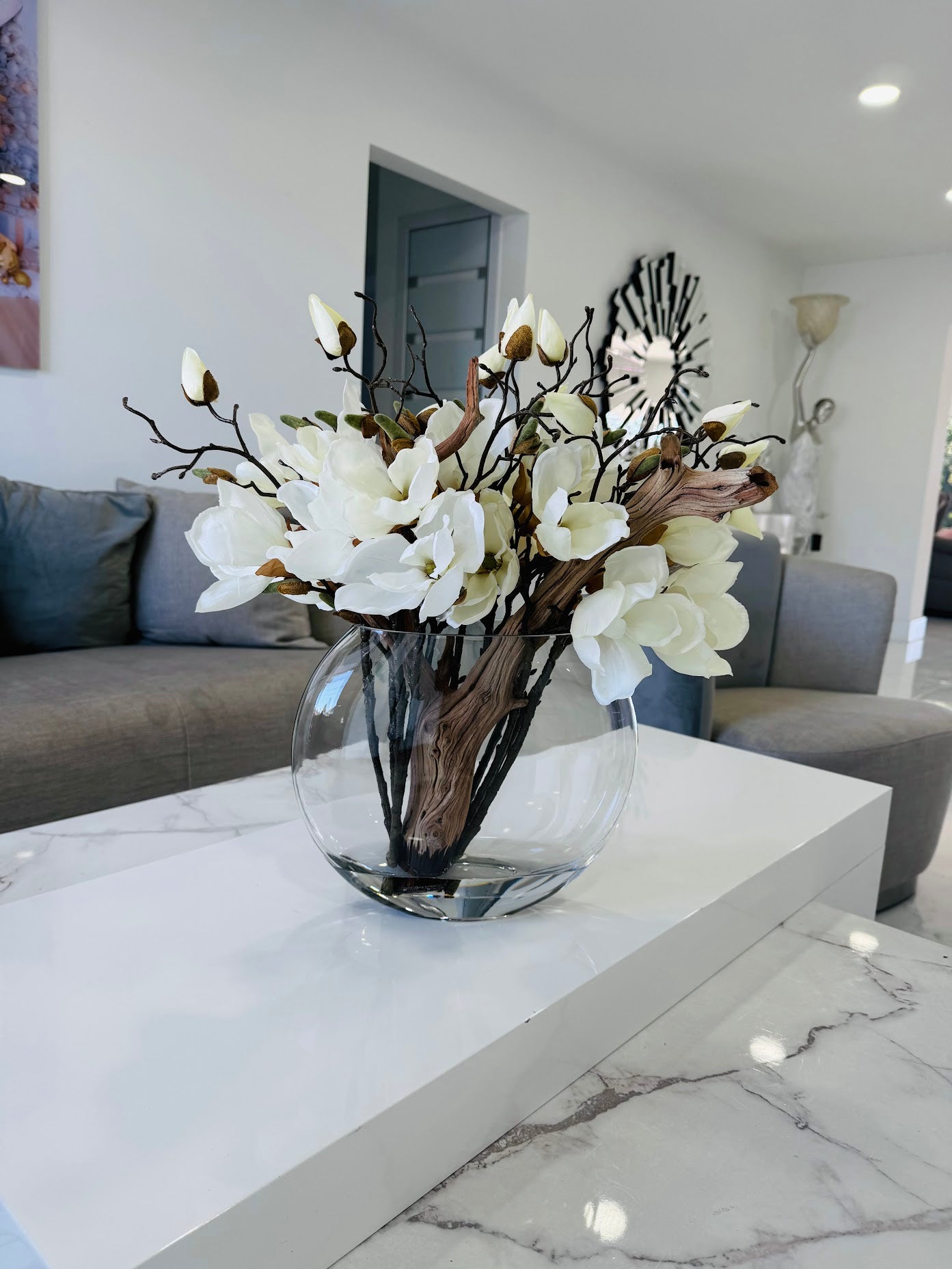 MAGNOLIAS IN MOON GLASS VASE