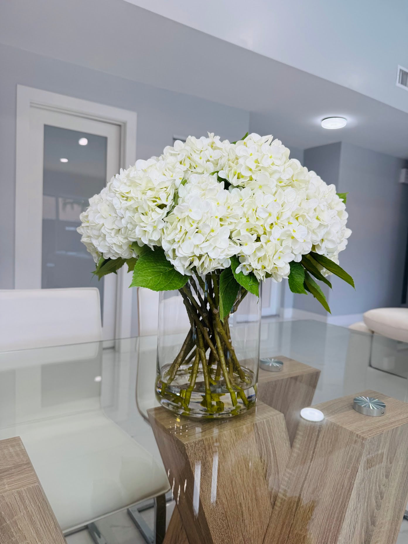 HYDRANGEAS IN CYLINDER VASE