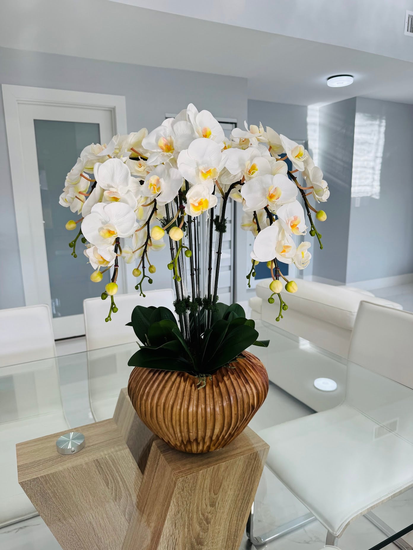ARTIFICIAL PHALAENOPSIS ORCHID ARRANGEMENT IN WOOD VASE
