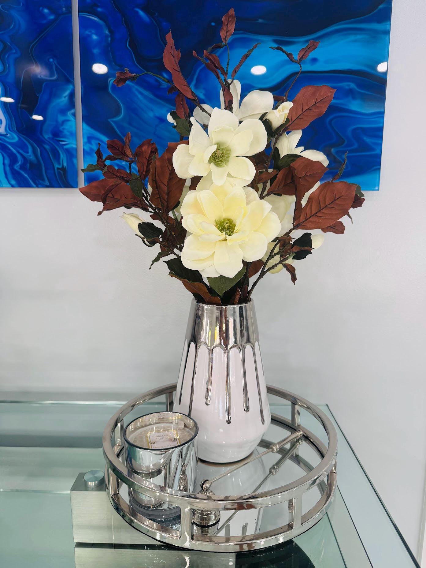 MAGNOLIA IN WHITE VASE WITH SILVER DETAILS