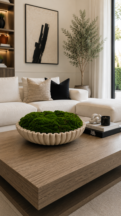 LUXURY ARTIFICIAL MOSS BOWL CENTERPIECE IN TEXTURED BEIGE BOWL