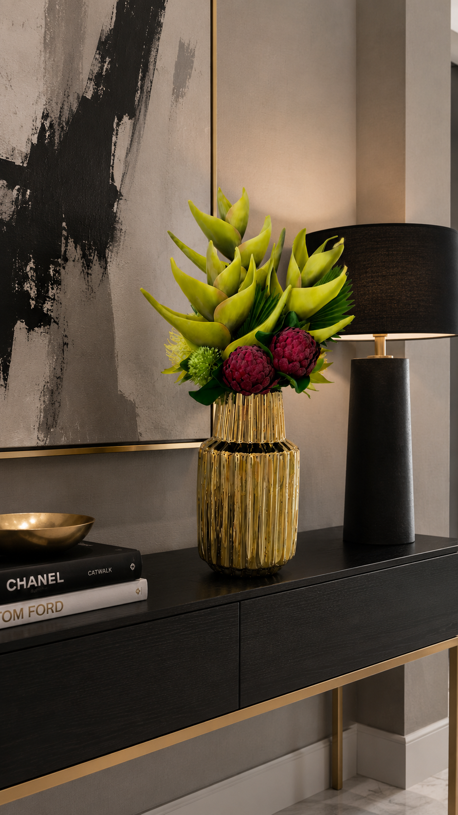 TROPICAL PROTEA & HELICONIA ARRANGEMENT IN GOLD VASE
