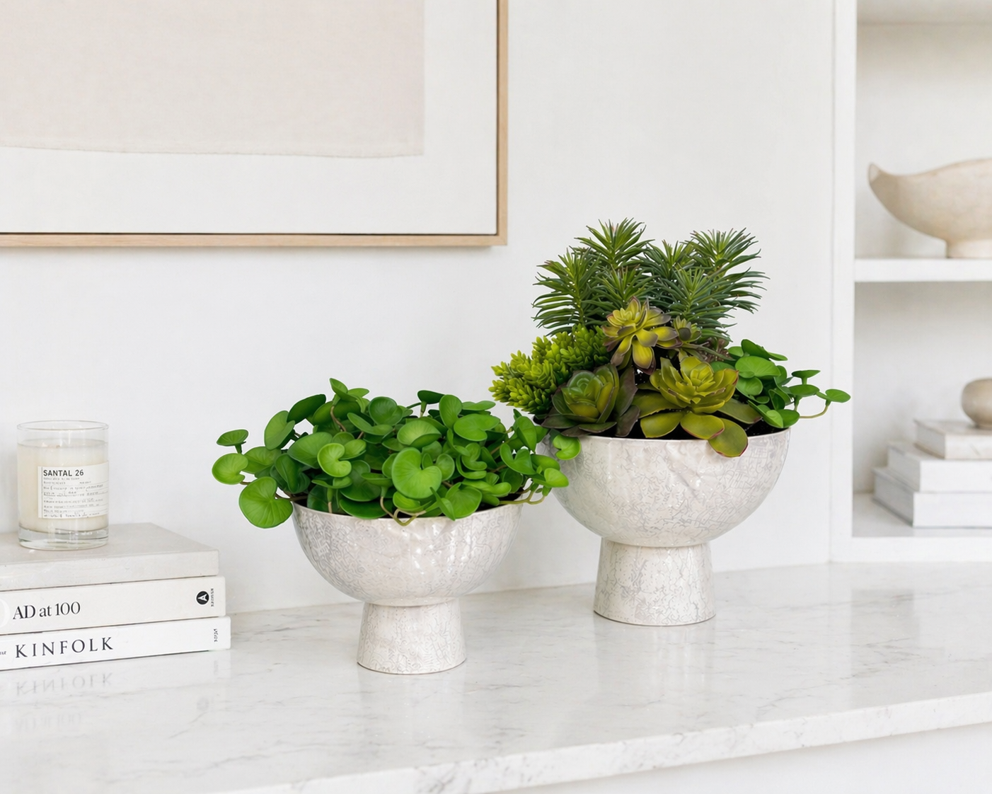 SET OF 2 ARTIFICIAL SUCCULENTS IN MODERN MARBLE METAL VASES