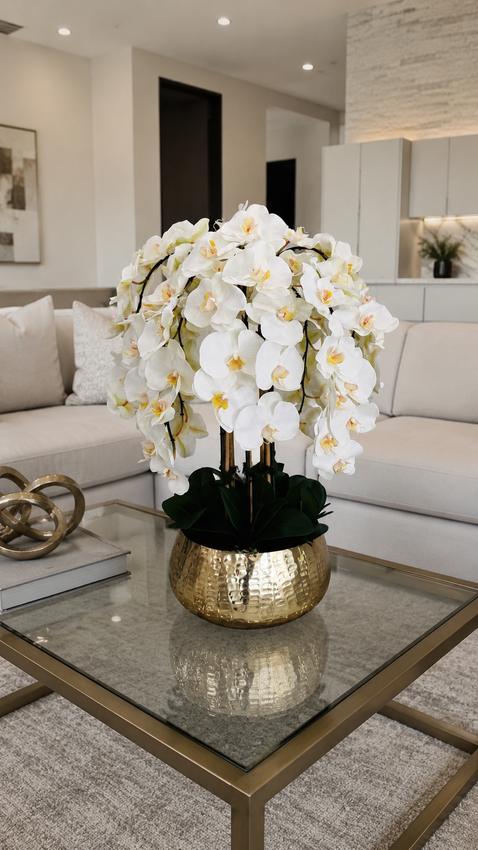 ARTIFICIAL PHALAENOPSIS ORCHID ARRANGEMENT IN GOLD VASE
