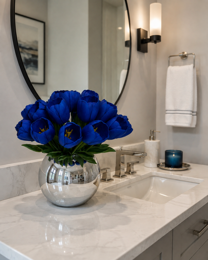 BLUE TULIP ARRANGEMENT IN SILVER GLASS VASE