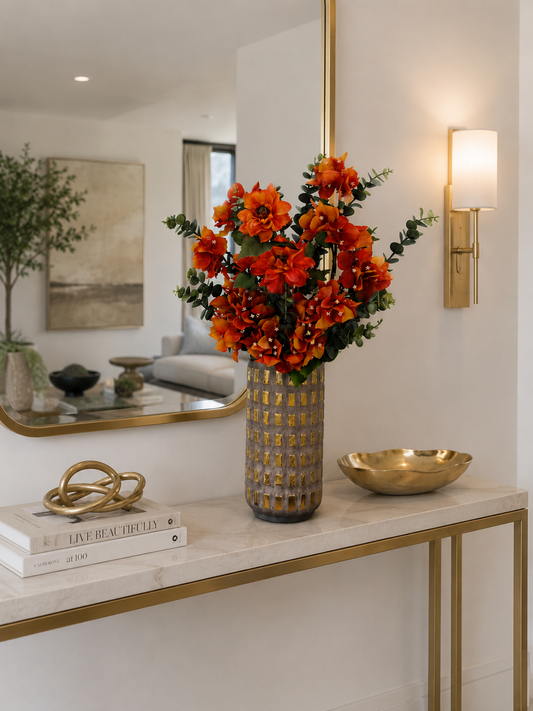 SET AUTUMN FLORAL ARRANGEMENT IN DECORATIVE GOLD CERAMIC VASE