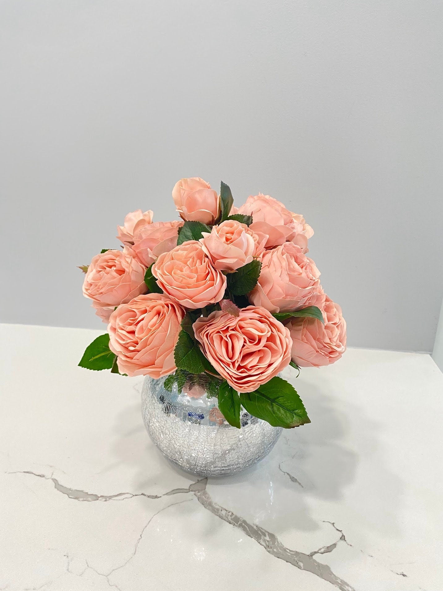 REAL TOUCH ROSES IN CRACKED MIRROR VASE