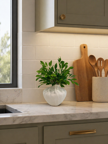 ARTIFICIAL GREENERY ARRANGEMENT IN TEXTURED CERAMIC VASE