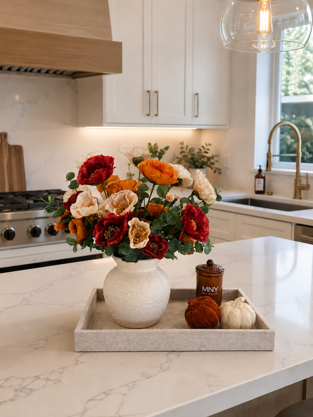 AUTUMN POPPY FLORAL ARRANGEMENT IN TEXTURED CREAM VASE