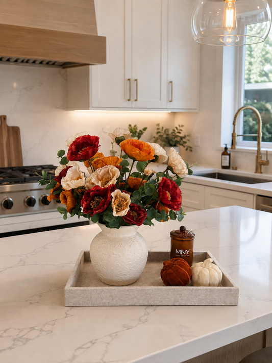 AUTUMN POPPY FLORAL ARRANGEMENT IN TEXTURED CREAM VASE