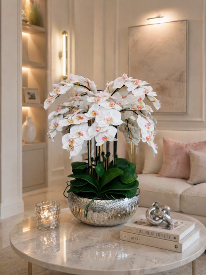ARTIFICIAL PHALAENOPSIS ORCHID ARRANGEMENT IN METAL SILVER VASE