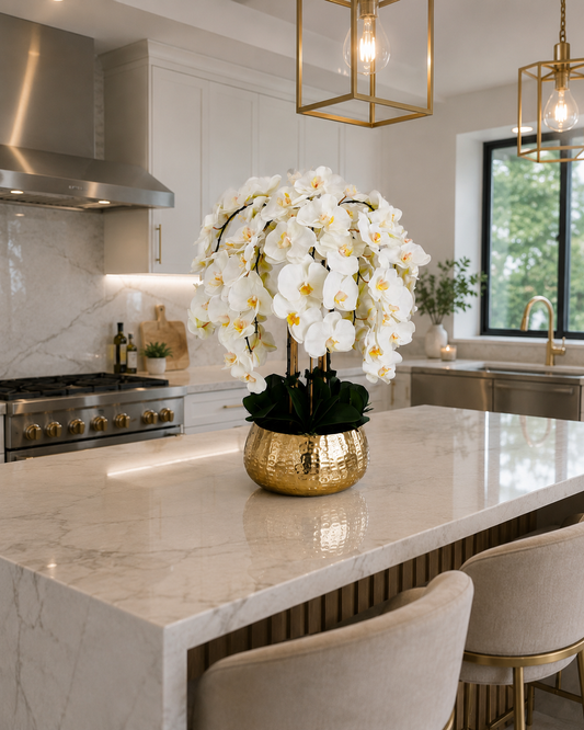 ARTIFICIAL PHALAENOPSIS ORCHID ARRANGEMENT IN GOLD VASE