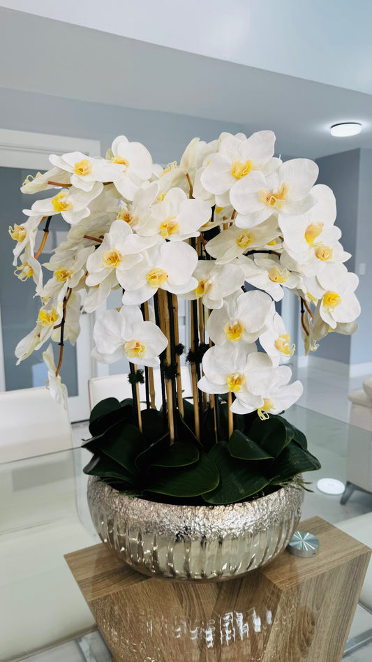 ORCHIDS IN SILVER METAL VASE