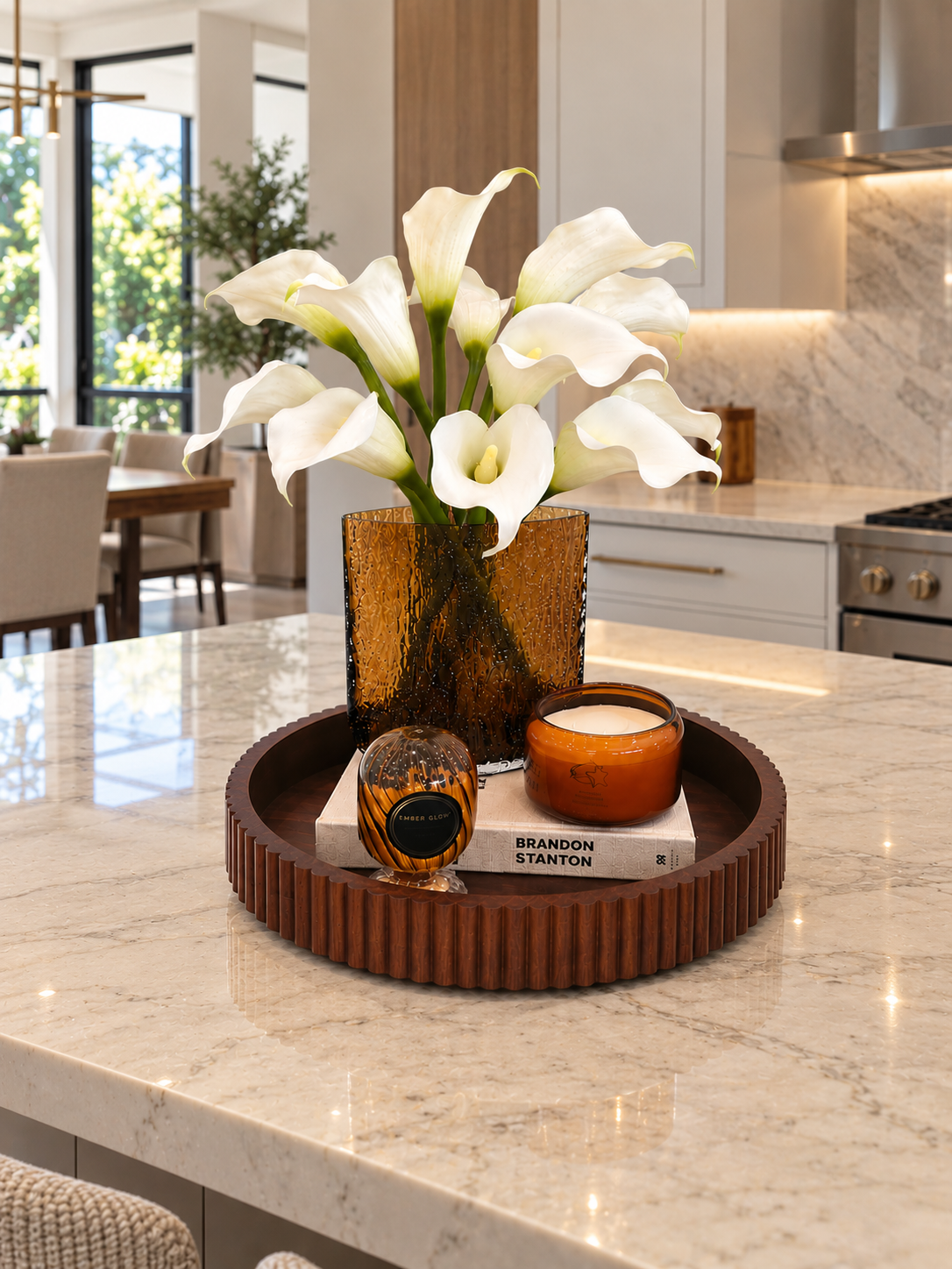 ELEGANT WHITE CALLA LILY & AMBER GLASS DECORATIVE SET