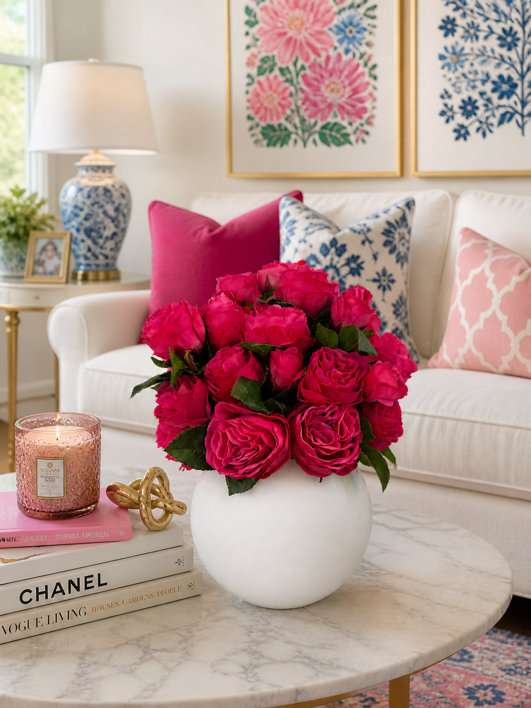 LUXURY FUCHSIA ROSE ARRANGEMENT IN WHITE VASE