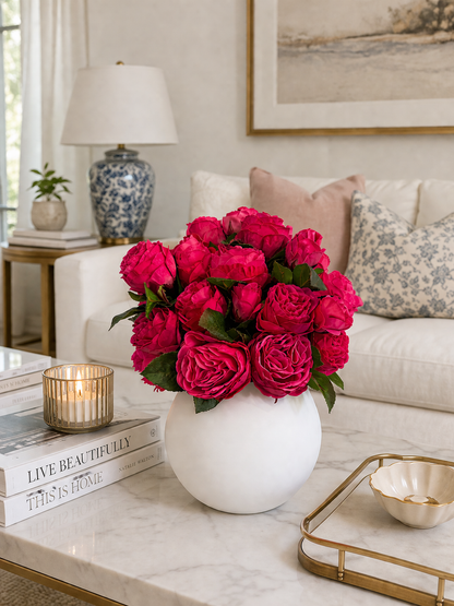 LUXURY FUCHSIA ROSE ARRANGEMENT IN WHITE VASE