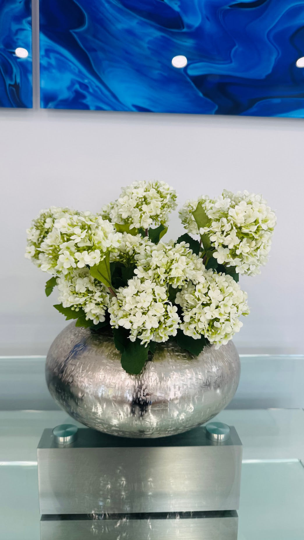 SNOWBALL HYDRANGEAS IN METAL SILVER VASE
