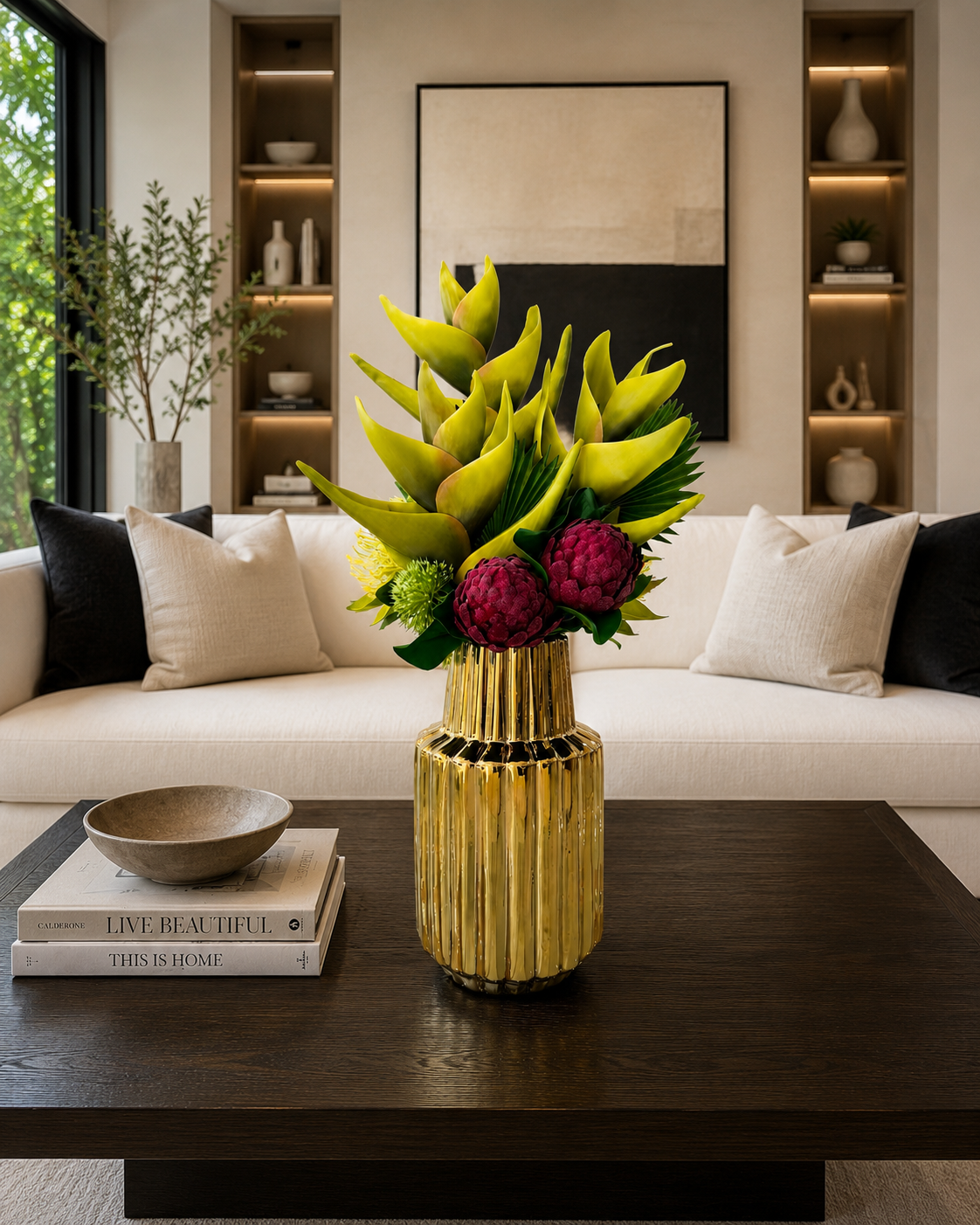 TROPICAL PROTEA & HELICONIA ARRANGEMENT IN GOLD VASE