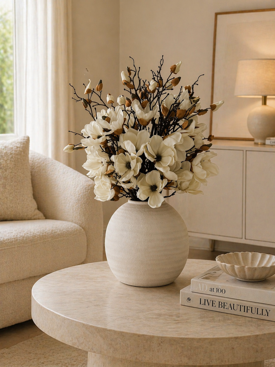 WHITE KONOS VASE WITH MAGNOLIAS