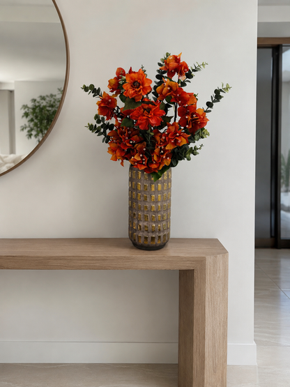 SET AUTUMN FLORAL ARRANGEMENT IN DECORATIVE GOLD CERAMIC VASE