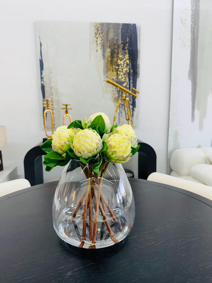 CREAM PROTEA IN PYRAMID GLASS VASE