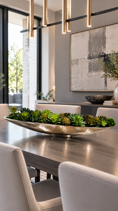 LUXURY GREEN SUCCULENT ARRANGEMENT IN SILVER BOAT VASE