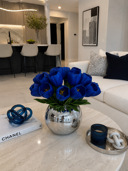 BLUE TULIP ARRANGEMENT IN SILVER GLASS VASE