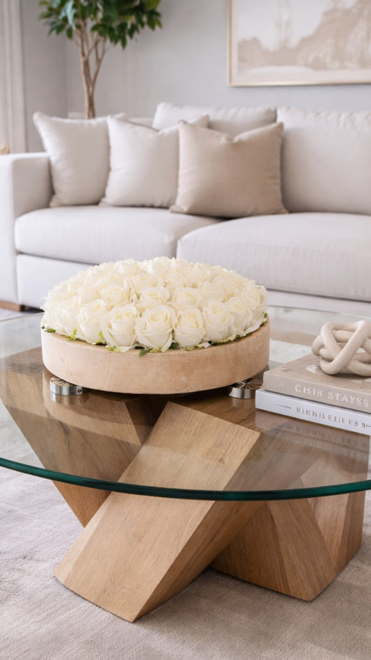 WHITE ROSES IN WOOD VASE