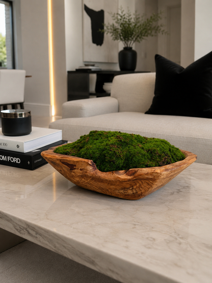 DECORATIVE MOSS ARRANGEMENT IN NATURAL WOOD BOWL