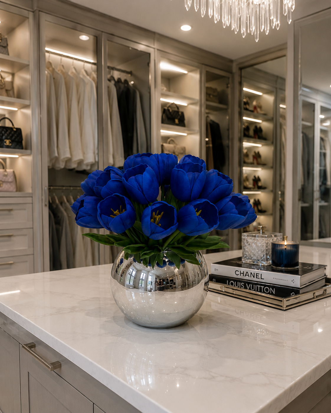 BLUE TULIP ARRANGEMENT IN SILVER GLASS VASE