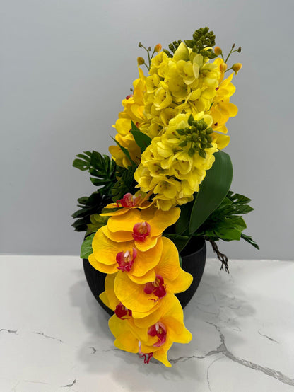 YELLOW ORCHIDS IN BLACK VASE