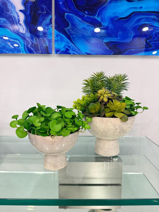 SET OF 2 ARTIFICIAL SUCCULENTS IN MODERN MARBLE METAL VASES