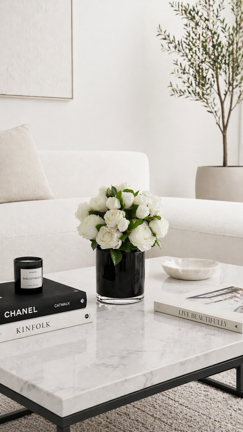 REAL TOUCH ROSES IN BLACK GLASS VASE