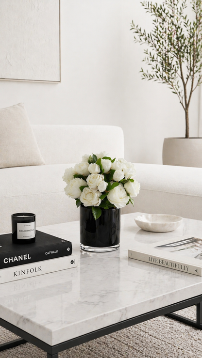 REAL TOUCH ROSES IN BLACK GLASS VASE
