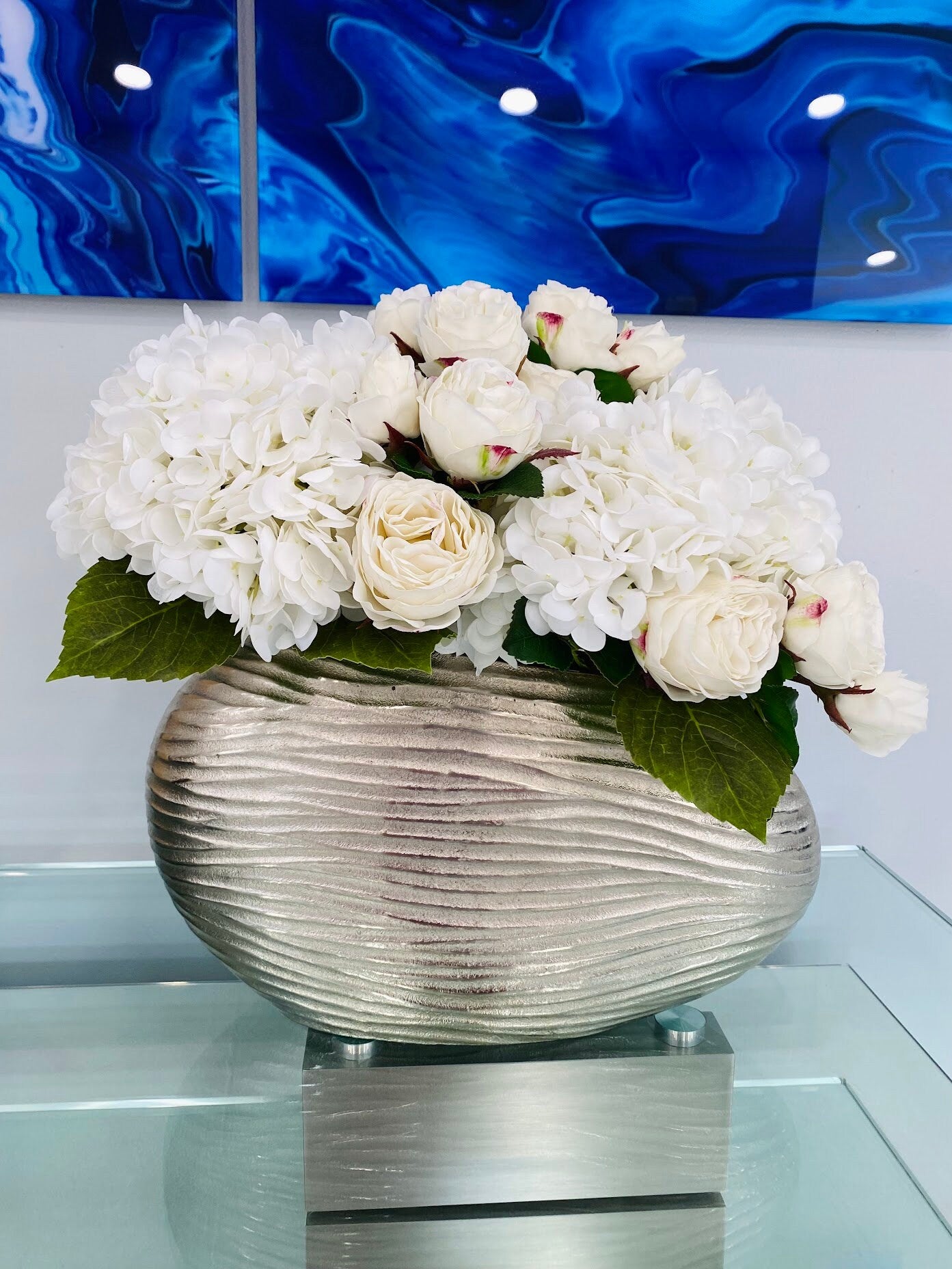 ROSES & HYDRANGEAS IN SILVER VASE