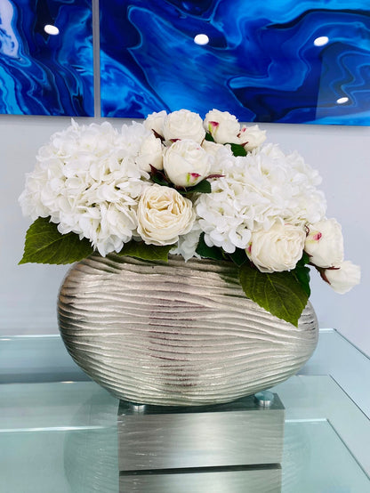 ROSES & HYDRANGEAS IN SILVER VASE