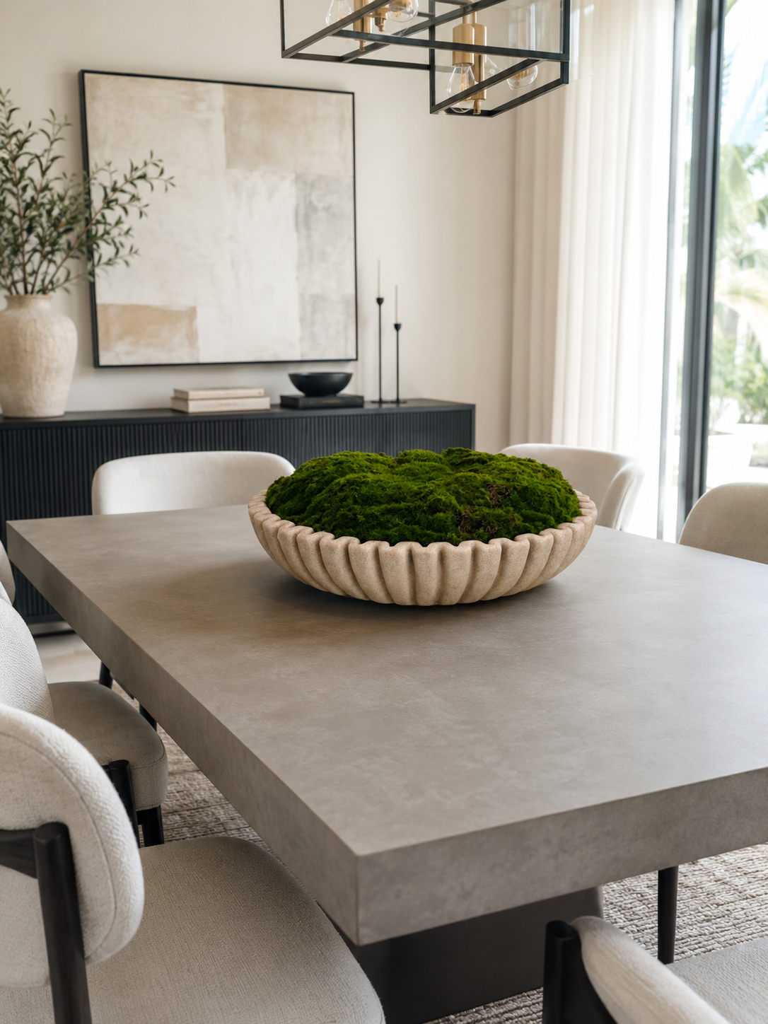 LUXURY ARTIFICIAL MOSS BOWL CENTERPIECE IN TEXTURED BEIGE BOWL