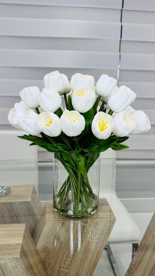 WHITE TULIP IN CYLINDER VASE