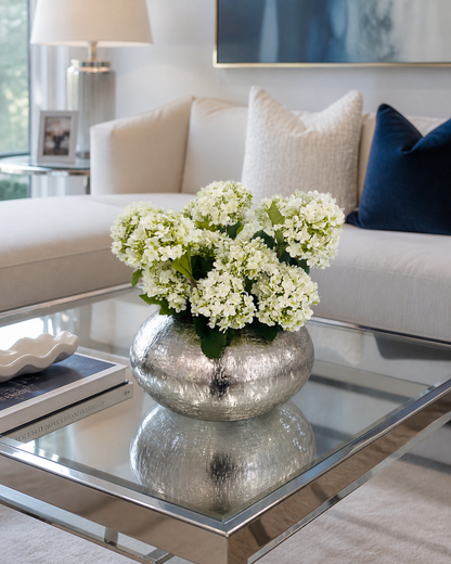 SNOWBALL HYDRANGEAS IN METAL SILVER VASE