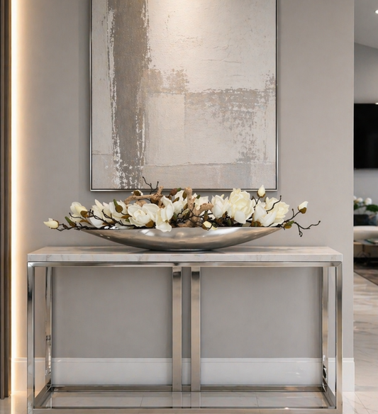 SILVER METAL BOAT WITH MAGNOLIAS AND WOOD