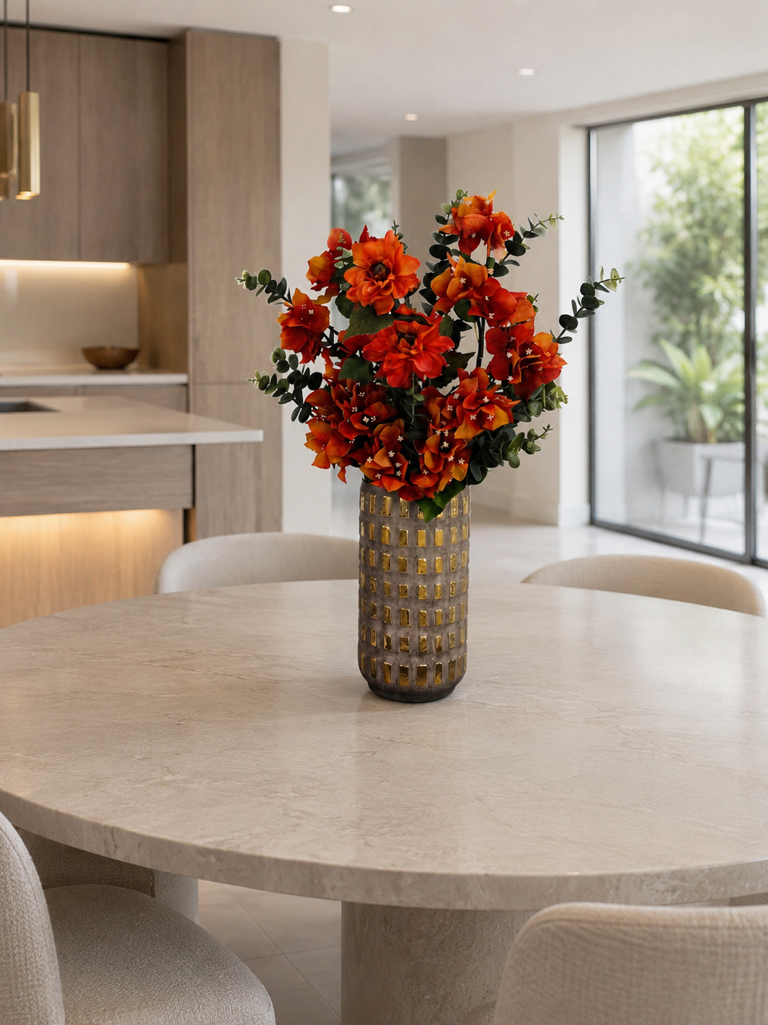 SET AUTUMN FLORAL ARRANGEMENT IN DECORATIVE GOLD CERAMIC VASE
