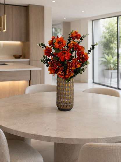 SET AUTUMN FLORAL ARRANGEMENT IN DECORATIVE GOLD CERAMIC VASE