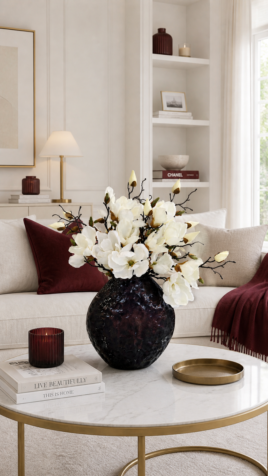 ELEGANT CREAM MAGNOLIA IN TEXTURED VASE