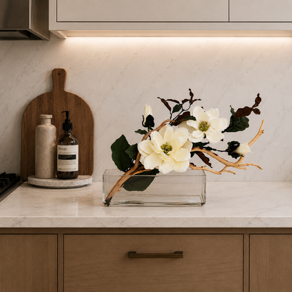 MAGNOLIA WITH BRANCH AND WOOD IN RECTANGULAR VASE
