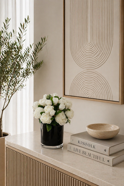 REAL TOUCH ROSES IN BLACK GLASS VASE