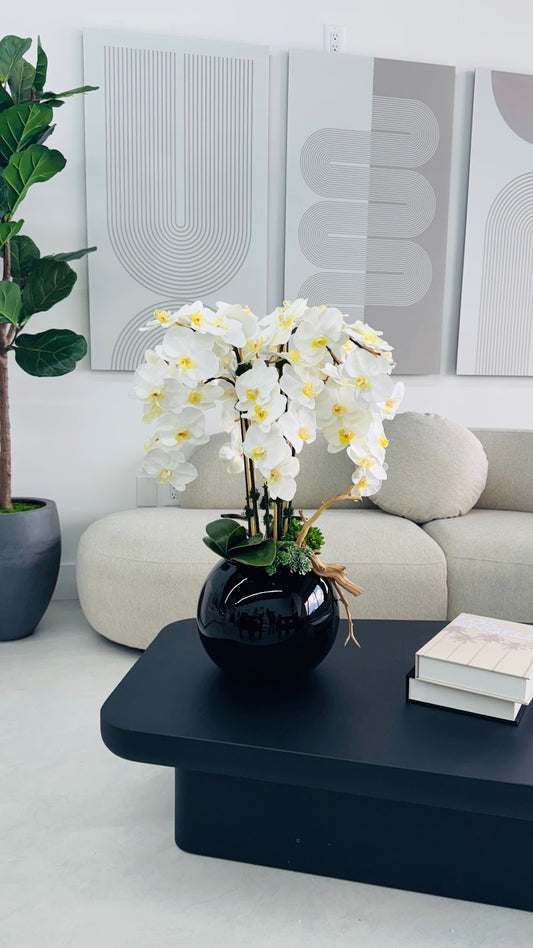 ORCHIDS IN BLACK GLASS VASE