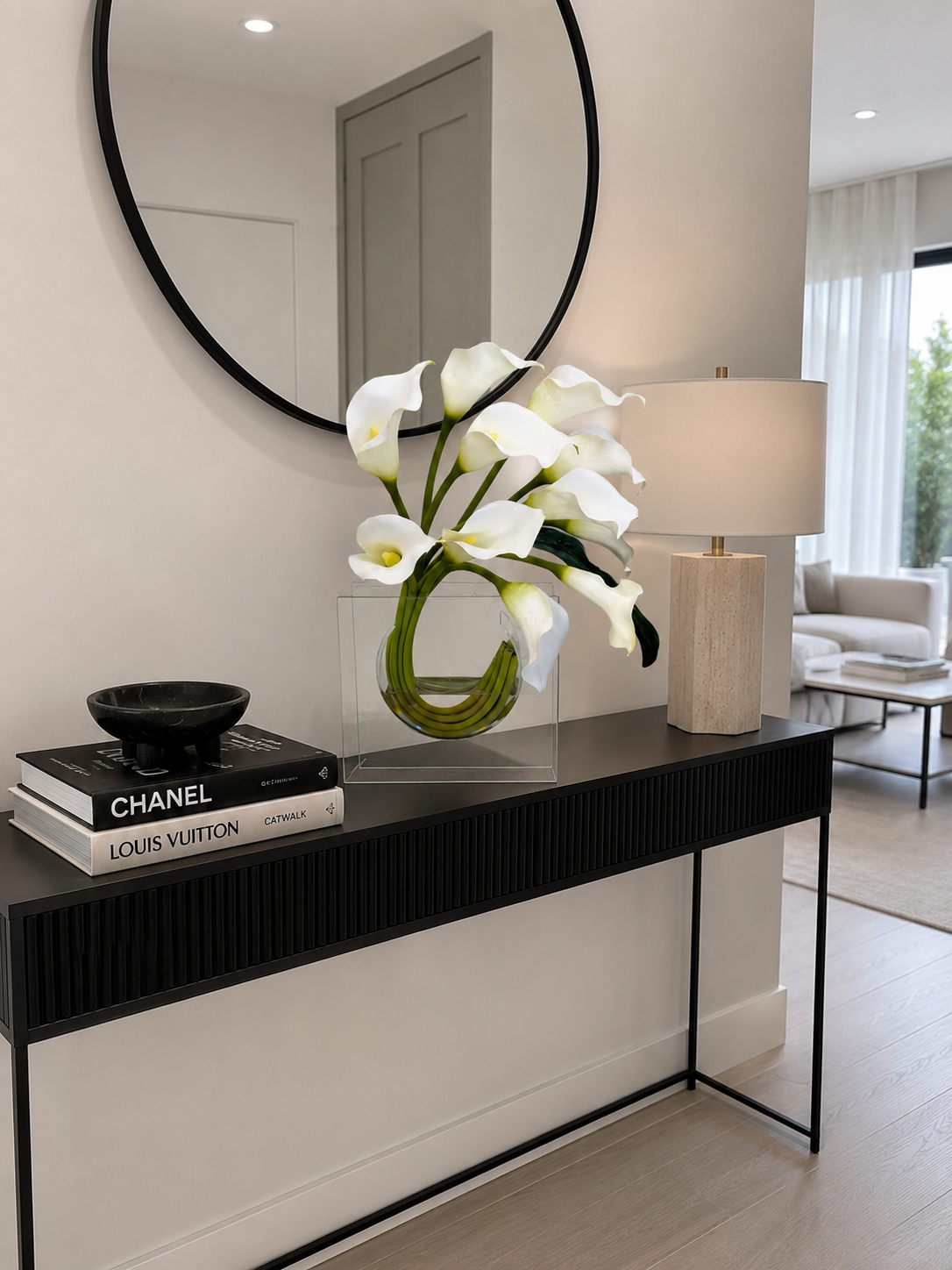 WHITE CALLA LILY ARRANGEMENT IN MODERN GLASS VASE