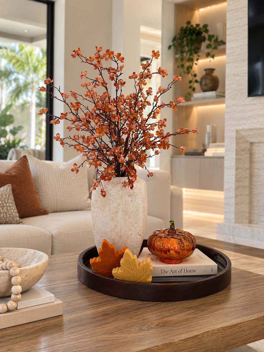 AUTUMN BLOSSOM DECOR SET WITH FLORAL ARRANGEMENT & LAMP