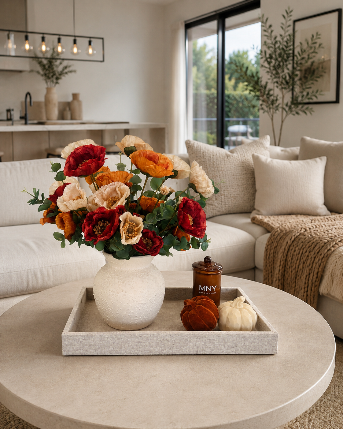 AUTUMN POPPY FLORAL ARRANGEMENT IN TEXTURED CREAM VASE